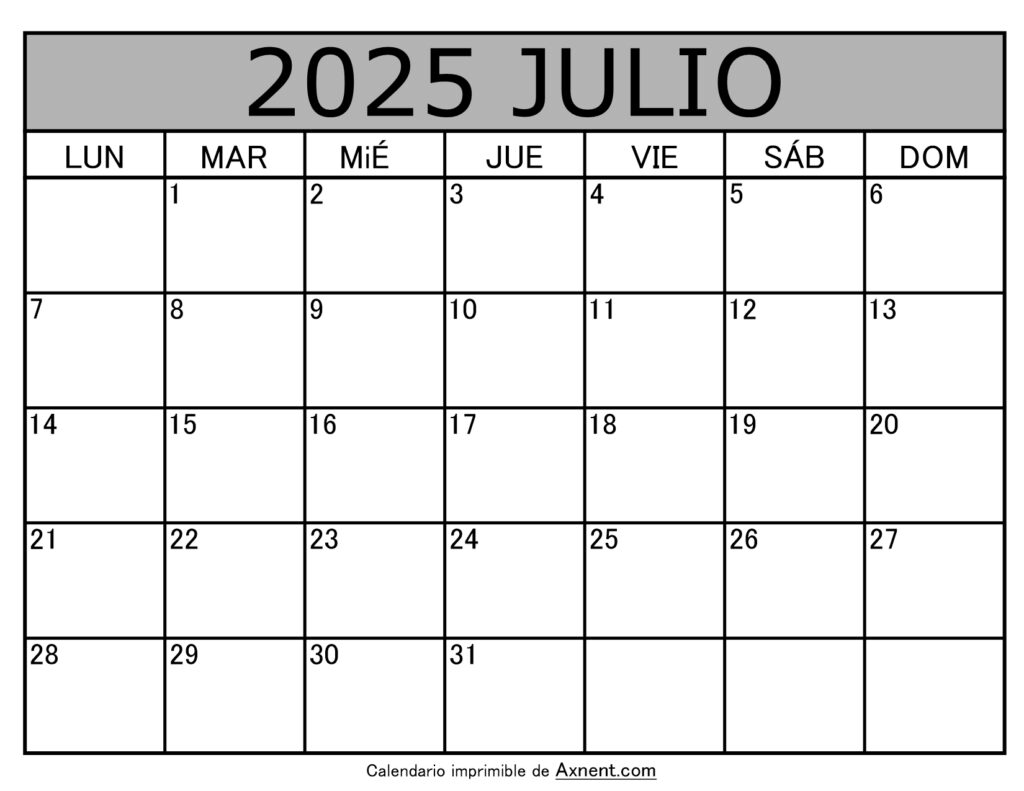 Calendario Mensual Julio 2025