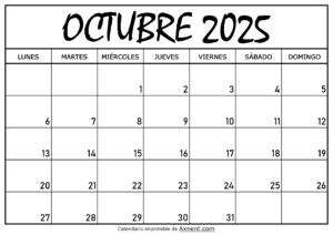 Calendario Octubre 2025 Para Imprimir