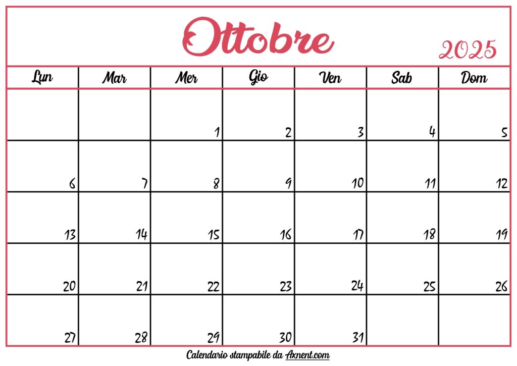 Calendario Ottobre 2025 Stampabile