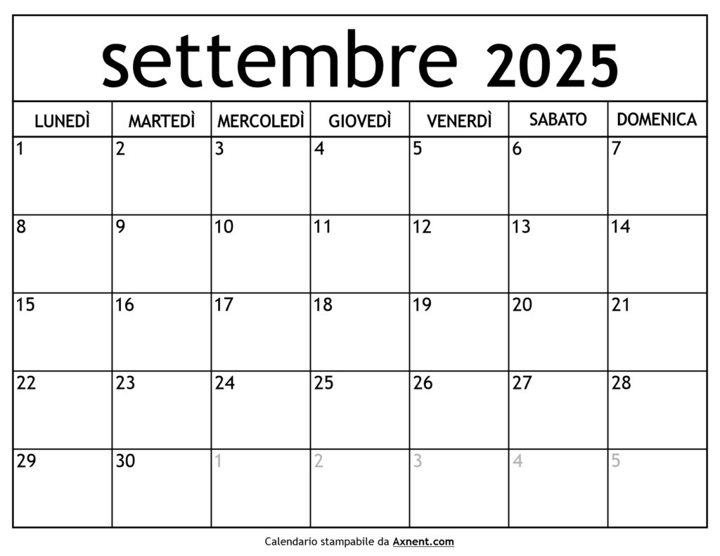 Calendario Settembre 2025