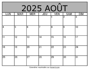 Calendrier À Imprimer Août 2025