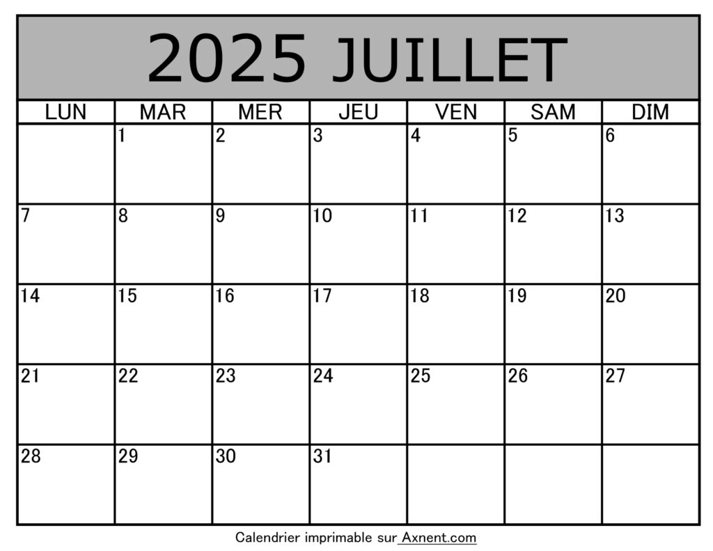 Calendrier À Imprimer Juillet 2025