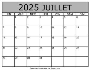 Calendrier À Imprimer Juillet 2025