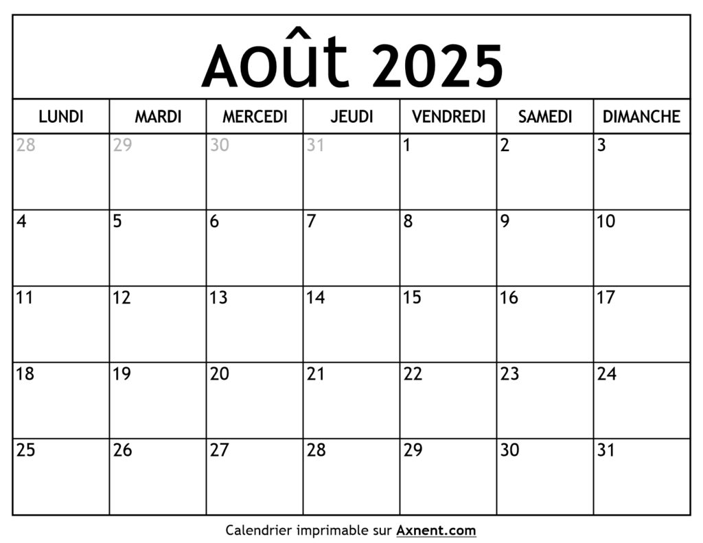 Calendrier Août 2025