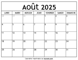Calendrier Août 2025