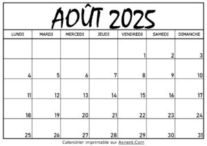 Calendrier Août 2025 À Imprimer