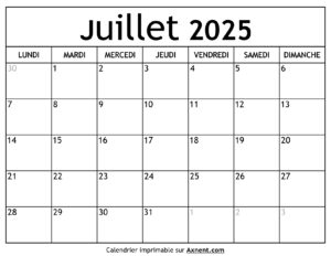 Calendrier Juillet 2025