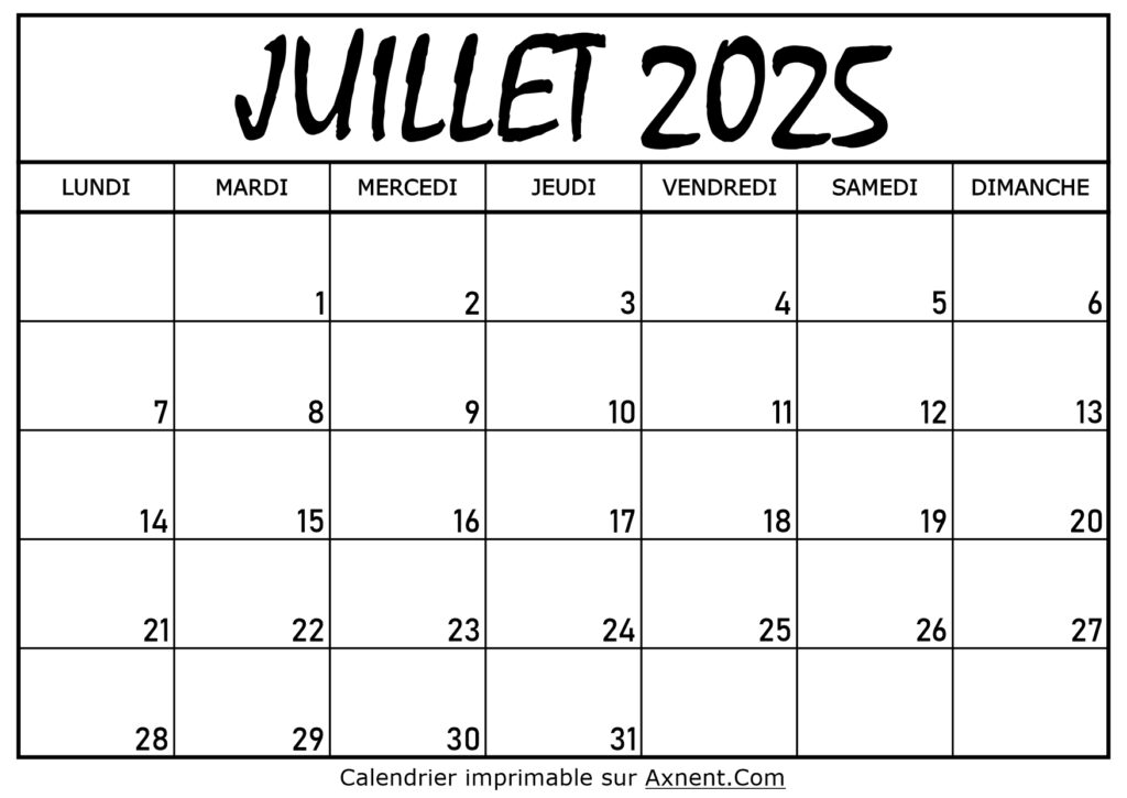 Calendrier Juillet 2025 À Imprimer