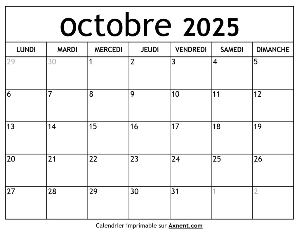 Calendrier Octobre 2025