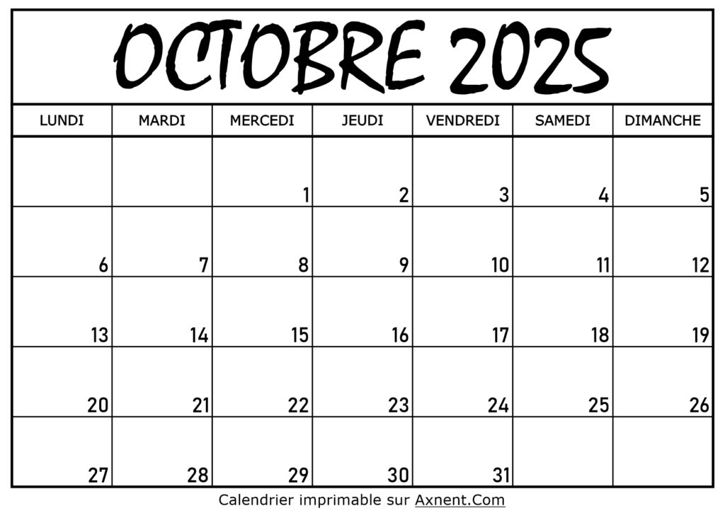 Calendrier Octobre 2025 À Imprimer