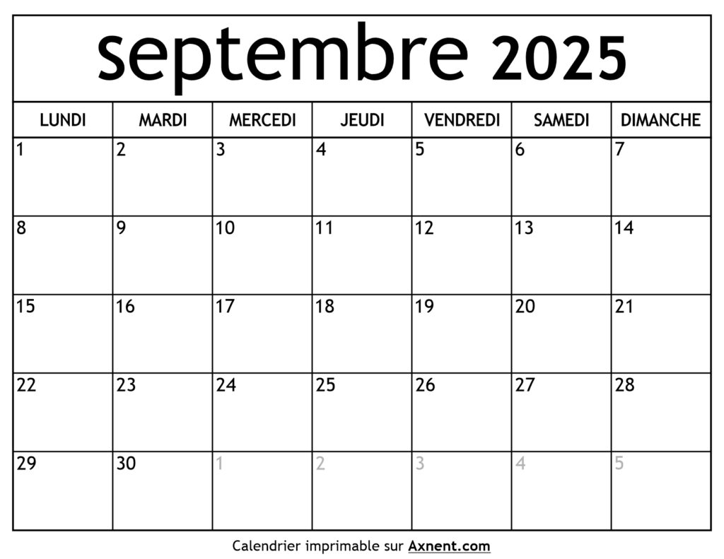 Calendrier Septembre 2025