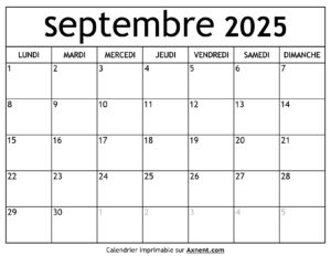 Calendrier Septembre 2025