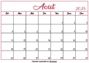 Calendrier Vierge Août 2025