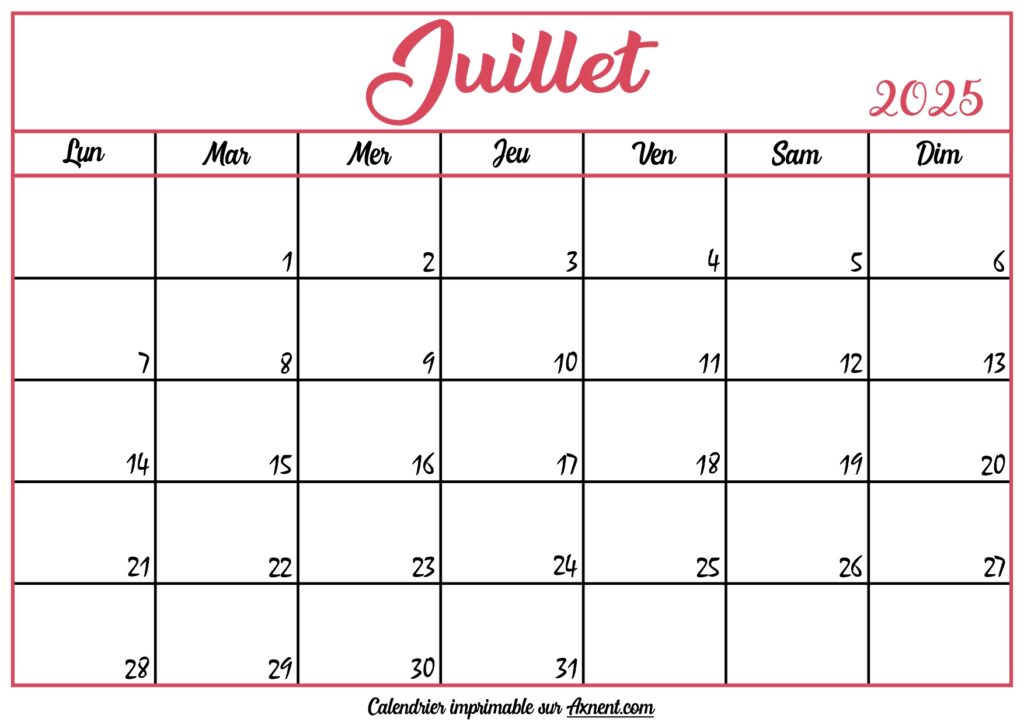 Calendrier Vierge Juillet 2025