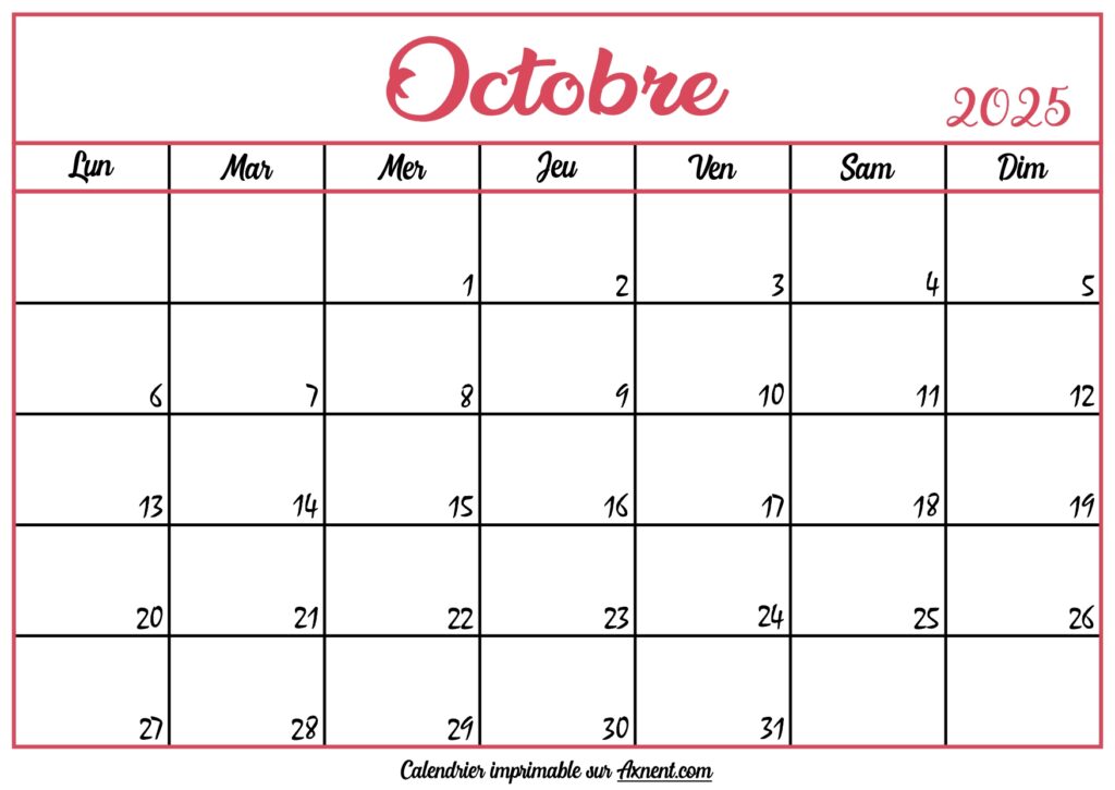 Calendrier Vierge Octobre 2025