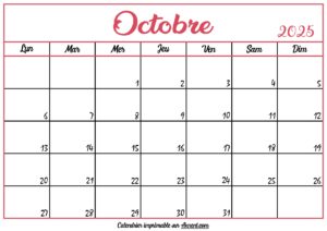 Calendrier Vierge Octobre 2025