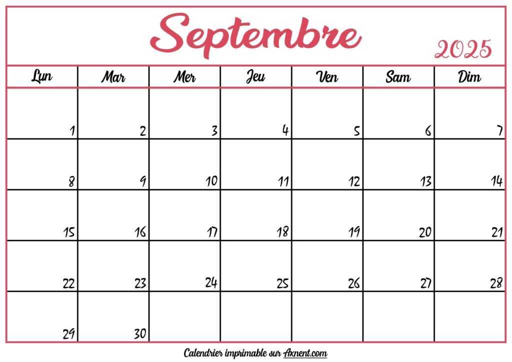 Calendrier Vierge Septembre 2025