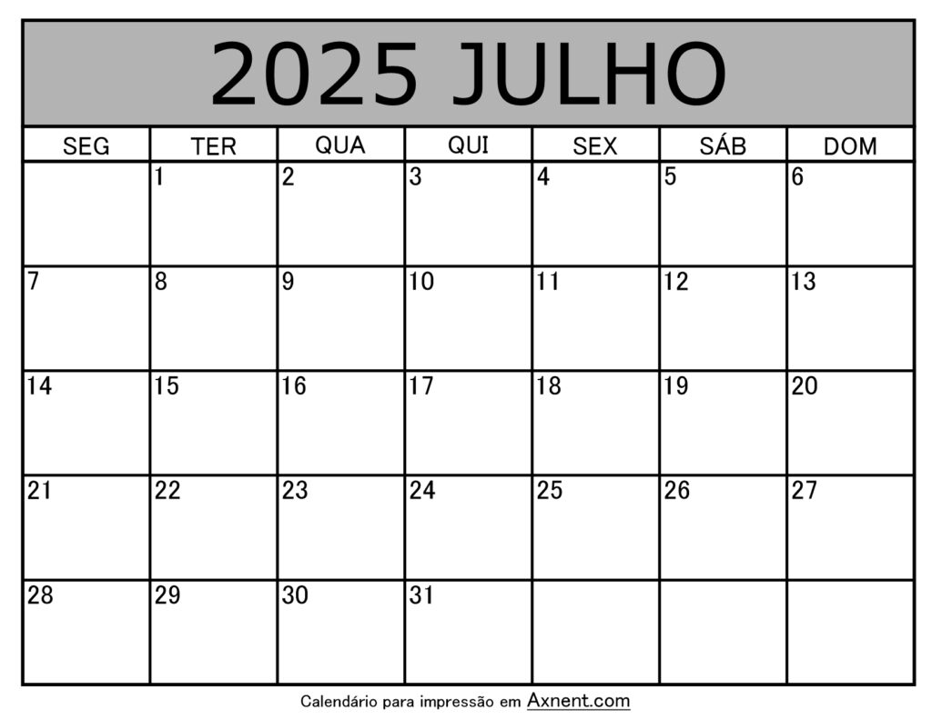 Julho De 2025 Calendario Imprimível