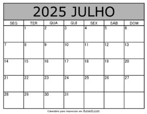 Julho De 2025 Calendario Imprimível