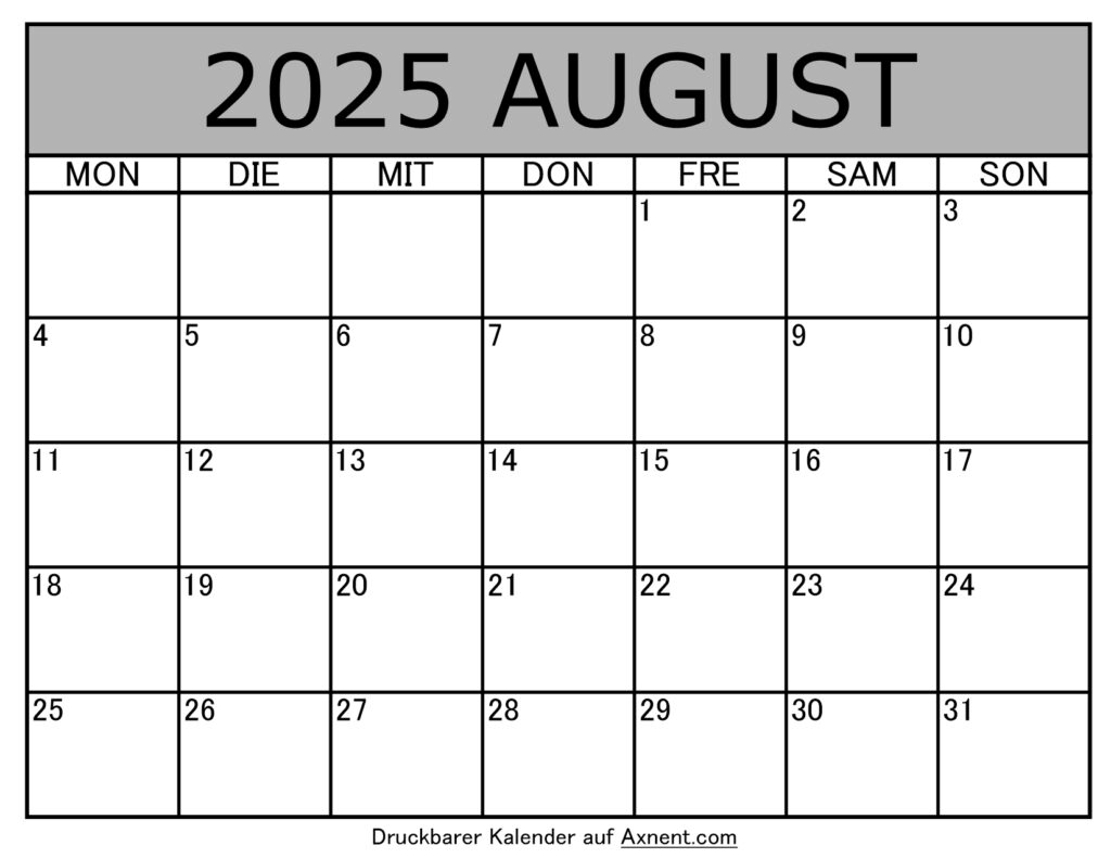 Kalender August 2025 zum Ausdrucken