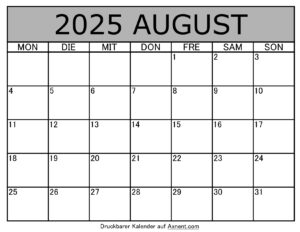 Kalender August 2025 zum Ausdrucken