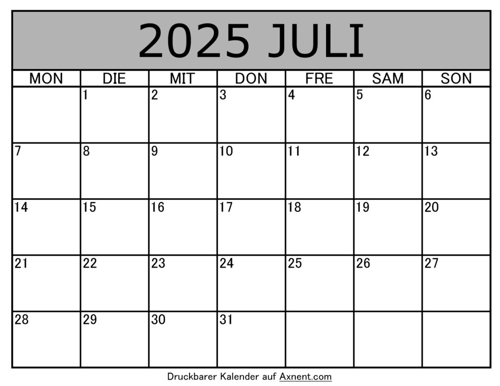 Kalender Juli 2025 zum Ausdrucken