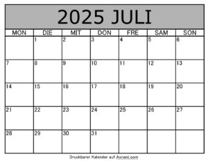 Kalender Juli 2025 zum Ausdrucken