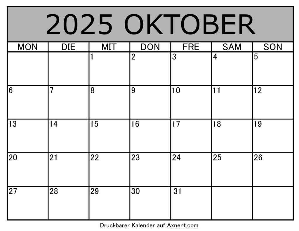 Kalender Oktober 2025 zum Ausdrucken