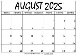 Kalender für August 2025