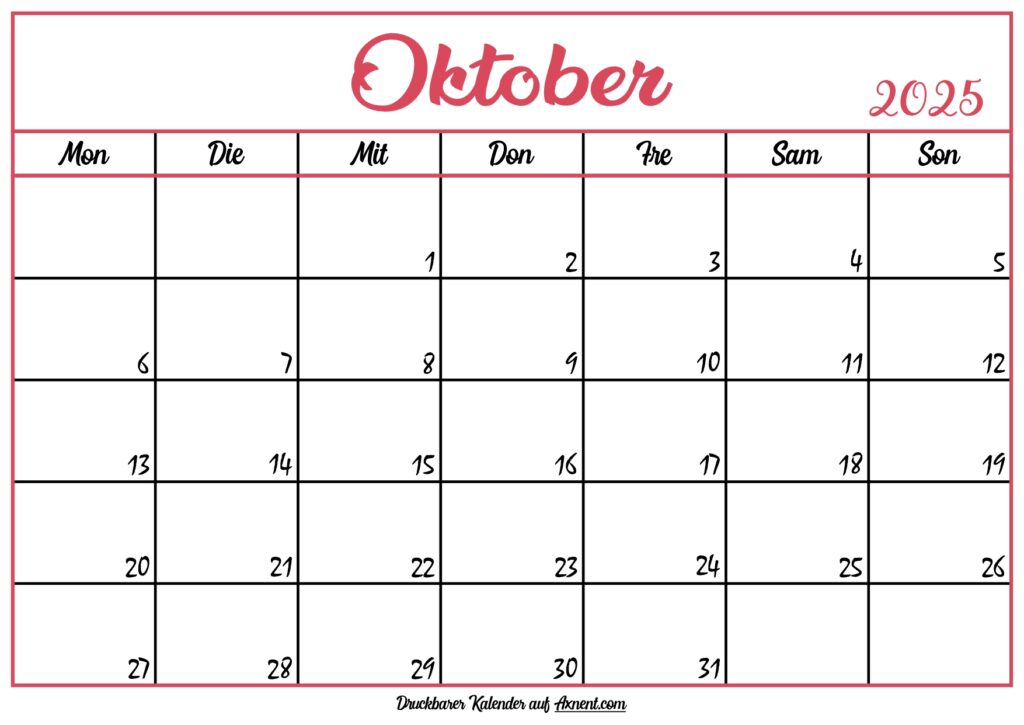 Monatskalender Oktober 2025