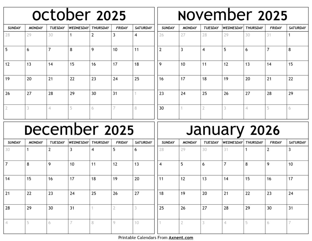 October 2025 to January 2026 Calendar