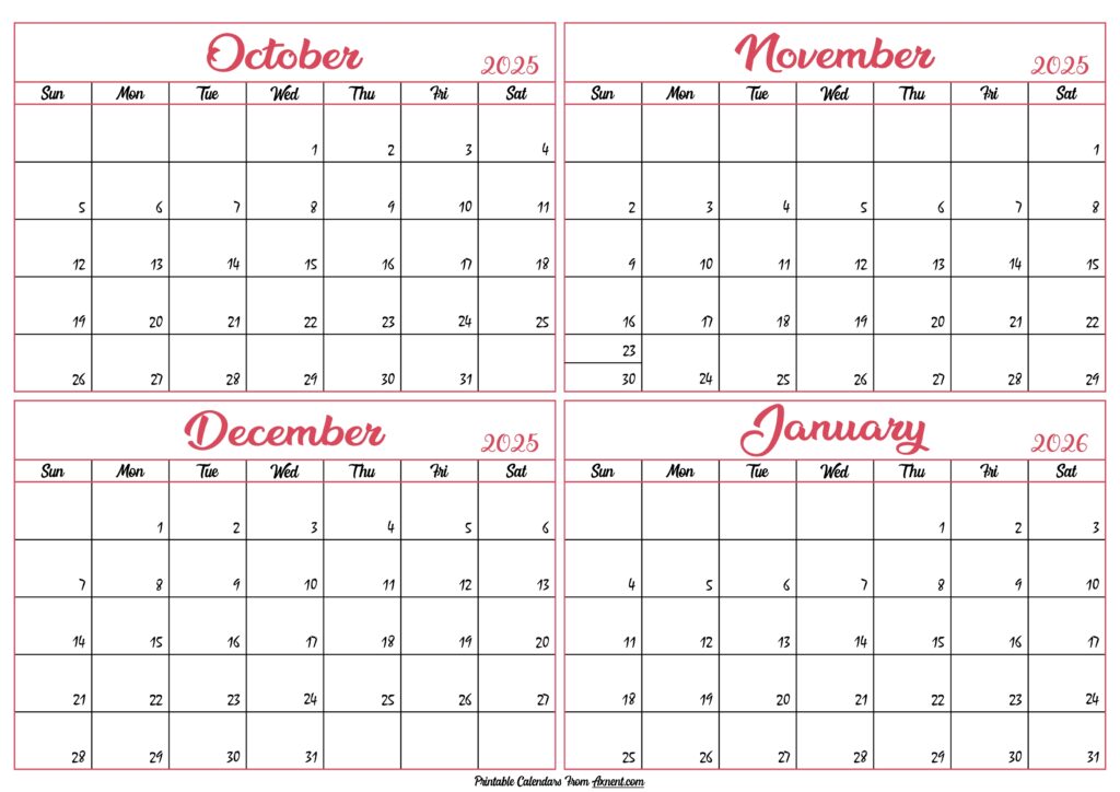 October 2025 to January 2026 Calendar Template