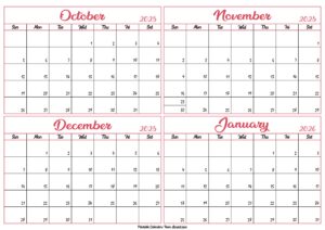 October 2025 to January 2026 Calendar Template