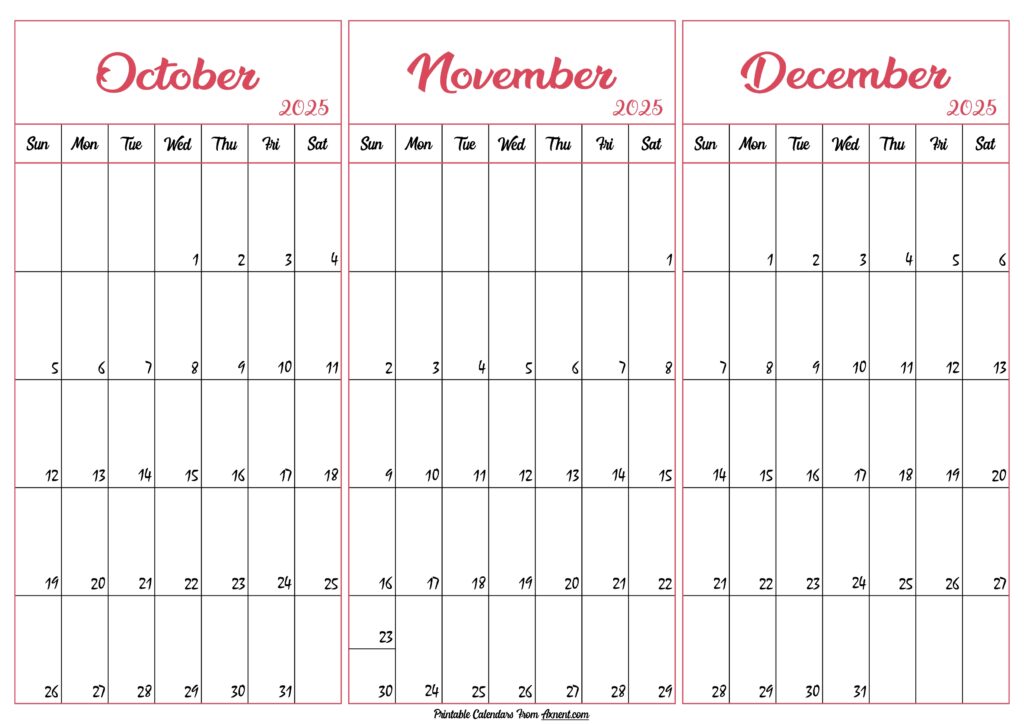 October November December 2025 Calendar