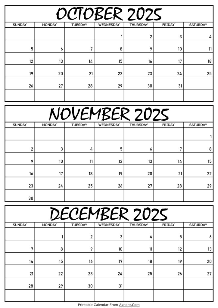 October November and December Calendar 2025