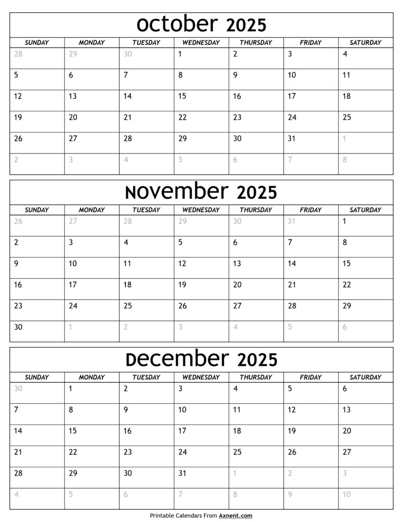 October to December 2025 Calendar