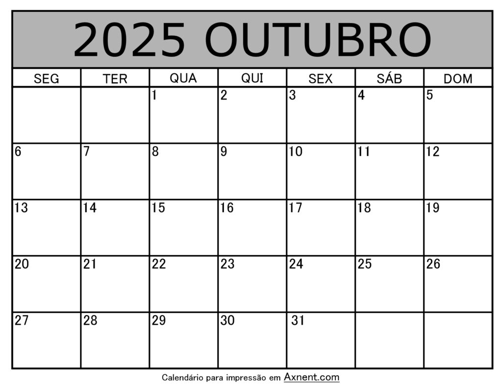 Outubro De 2025 Calendario Imprimível