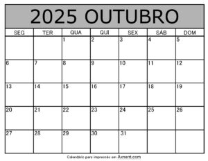 Outubro De 2025 Calendario Imprimível