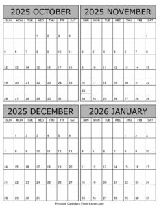 Printable October 2025 to January 2026 Calendar