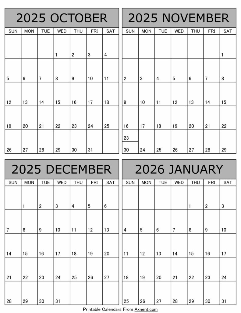 Printable October 2025 to January 2026 Calendar