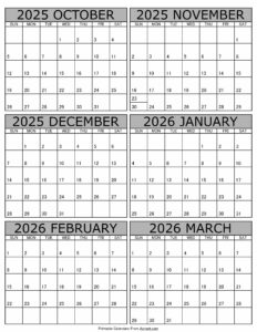 Printable October 2025 to March 2026 Calendar