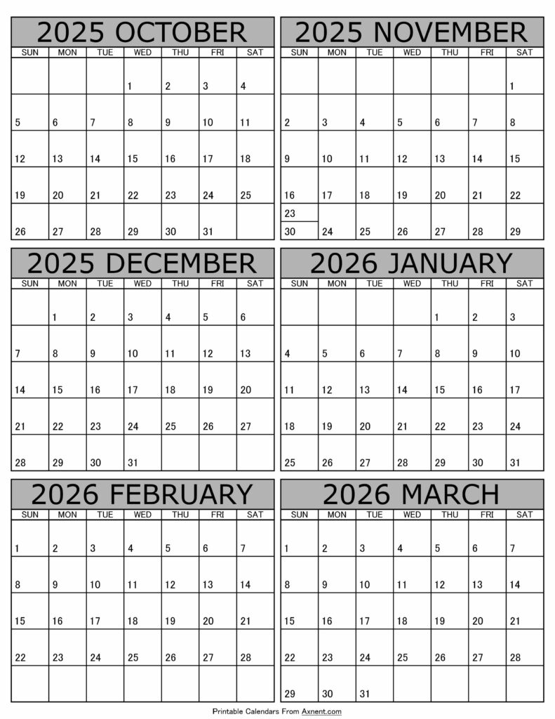 Printable October 2025 to March 2026 Calendar