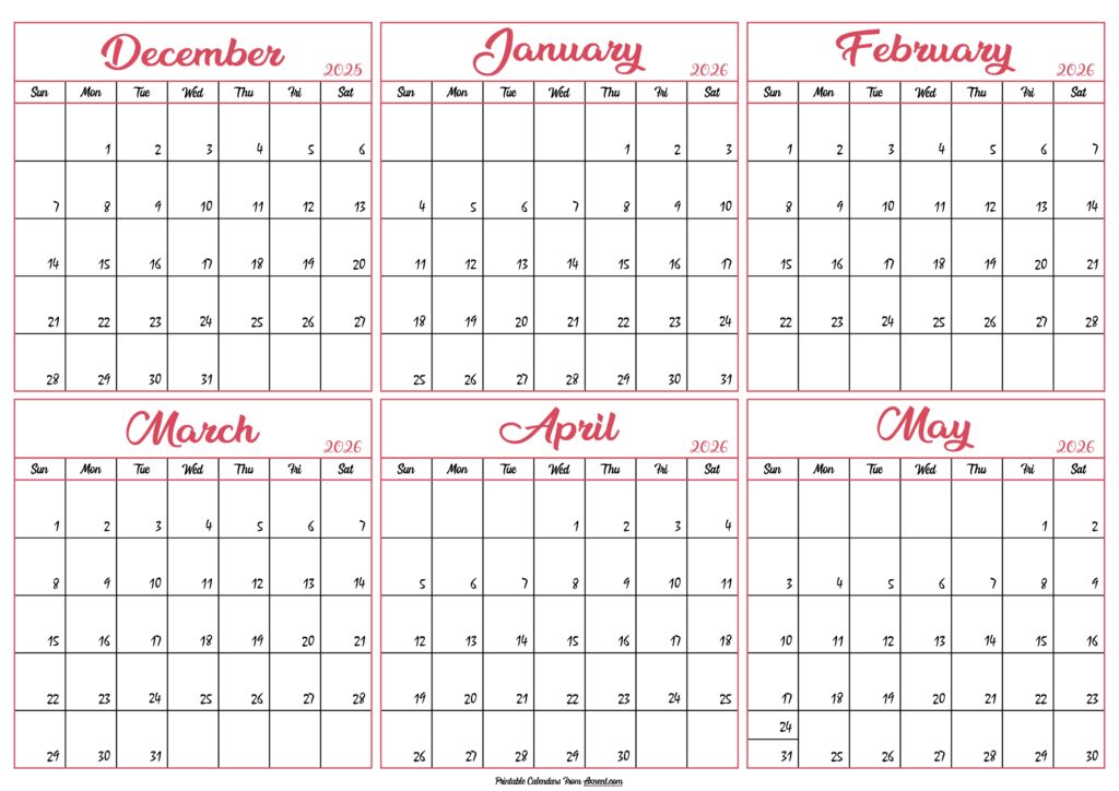 Calendar 2025 December to May 2026