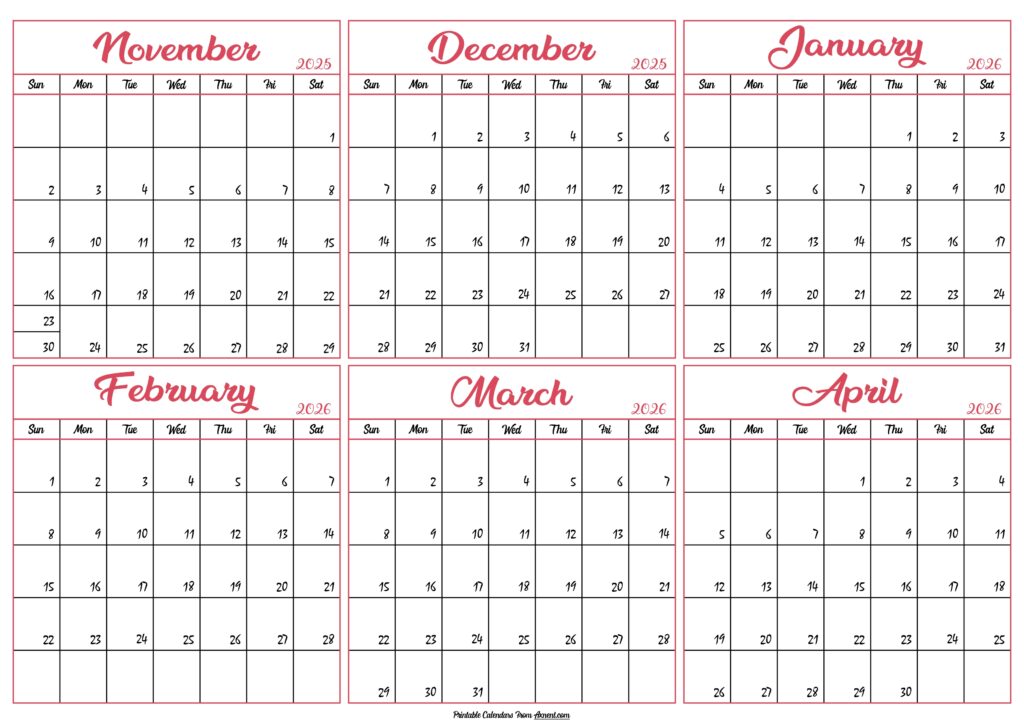 Calendar 2025 November to April 2026