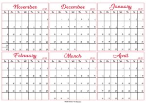 Calendar 2025 November to April 2026