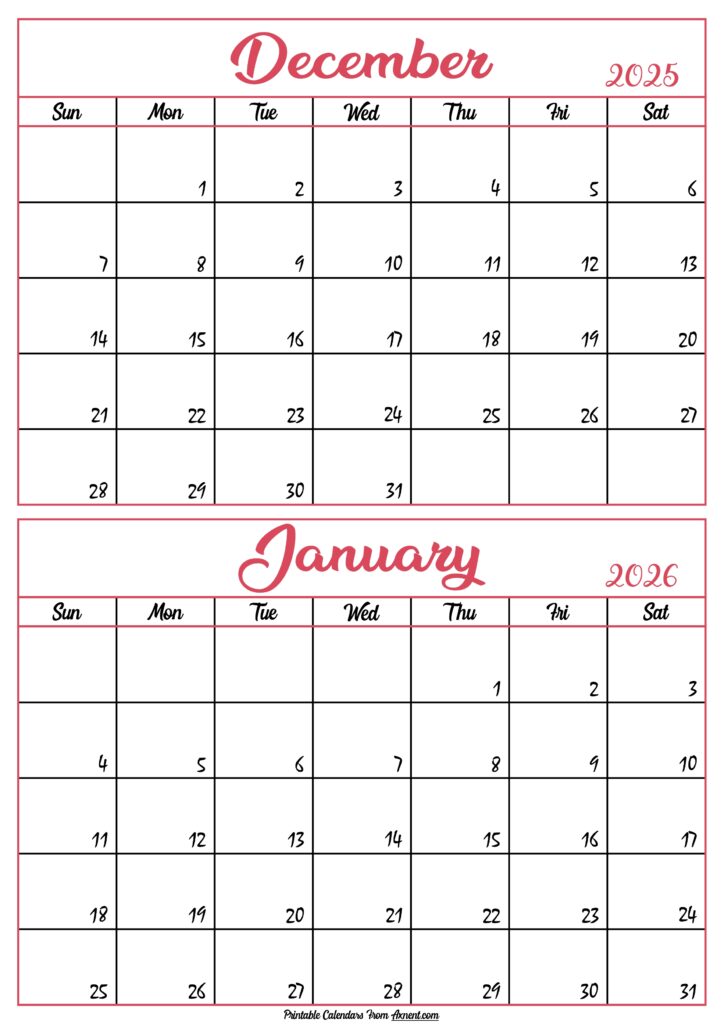 Calendar December 2025 January 2026