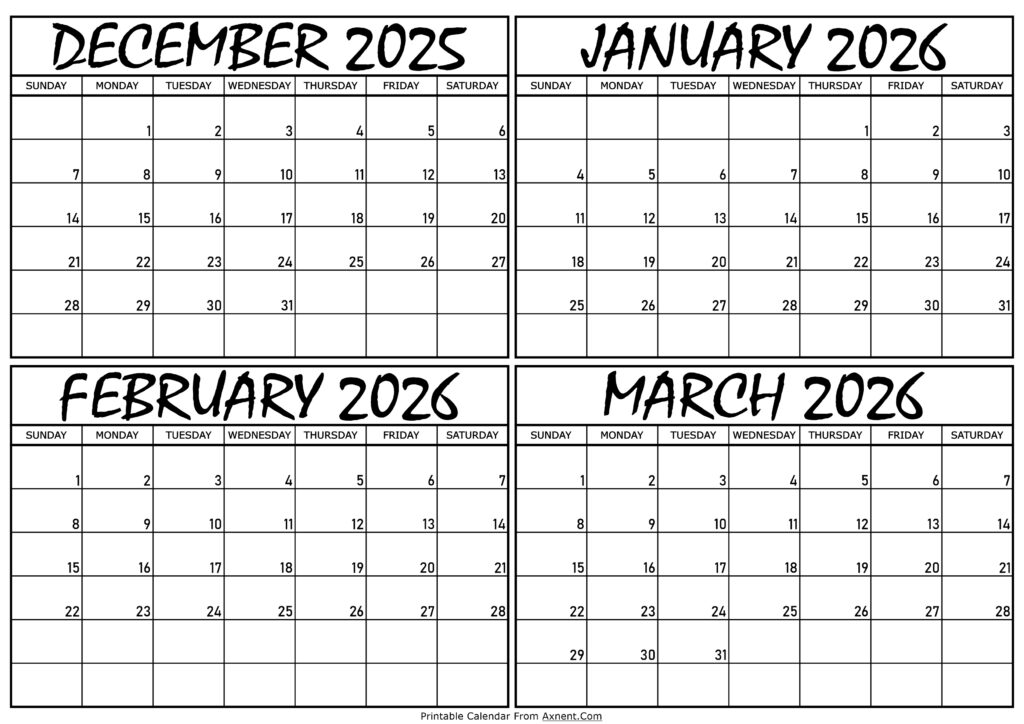 Calendar December 2025 to March 2026