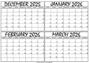 Calendar December 2025 to March 2026