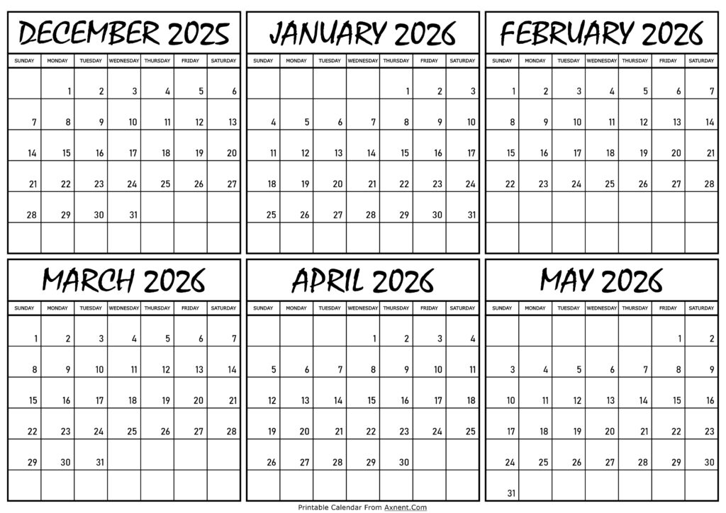 Calendar December 2025 to May 2026