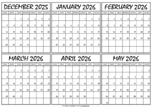 Calendar December 2025 to May 2026